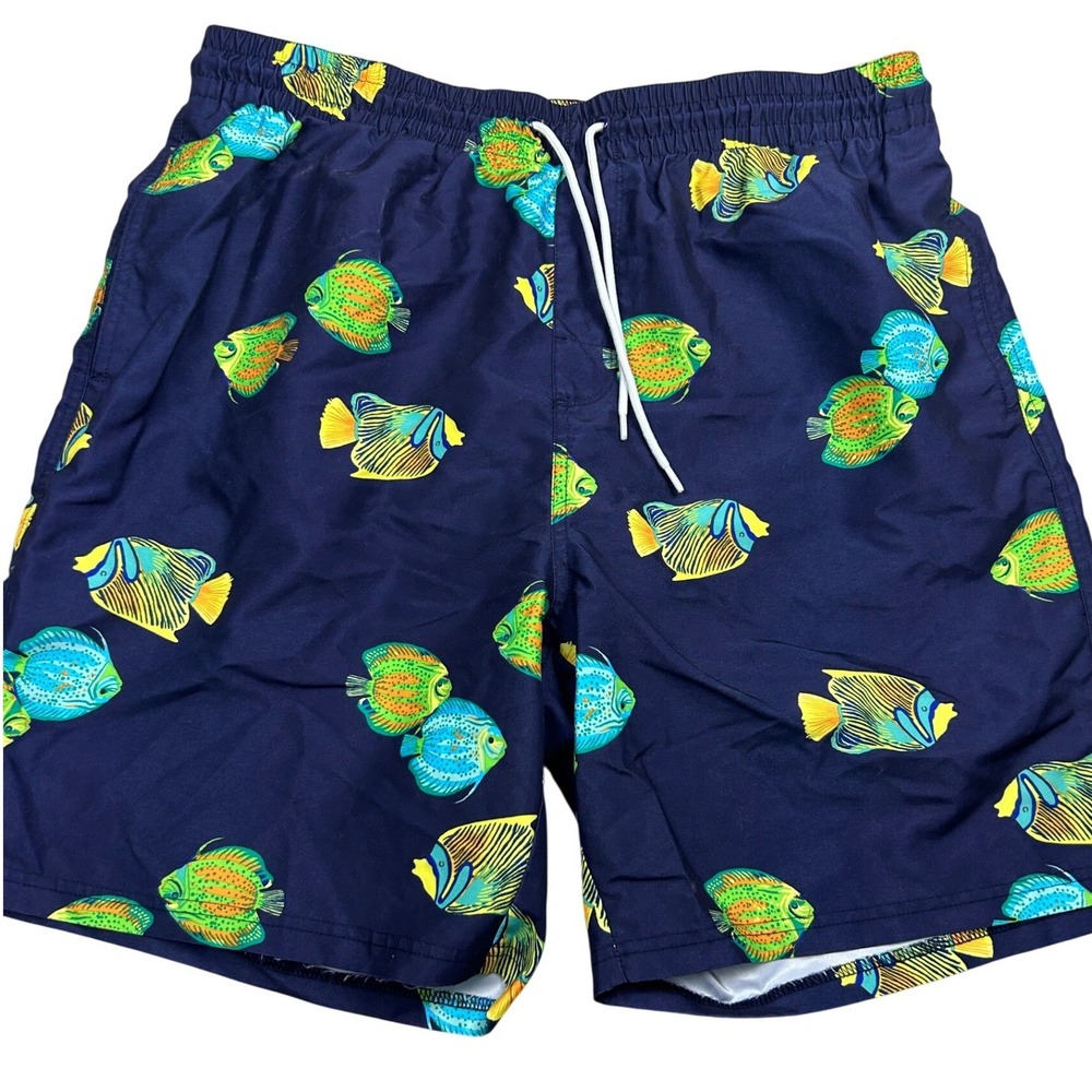 Old Navy Men's Swim Trunks L Blue Tropical Fish Print Mesh Lined Board Shorts